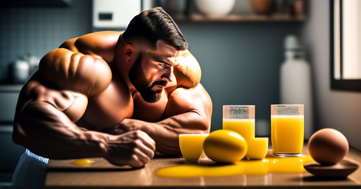 AI Generated image of a muscular man looking at raw broken eggs