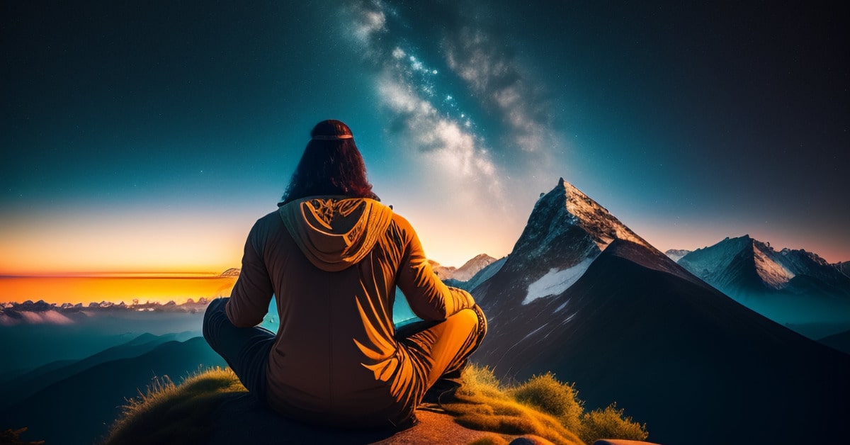 AI generated man sitting on top of mountain and meditating