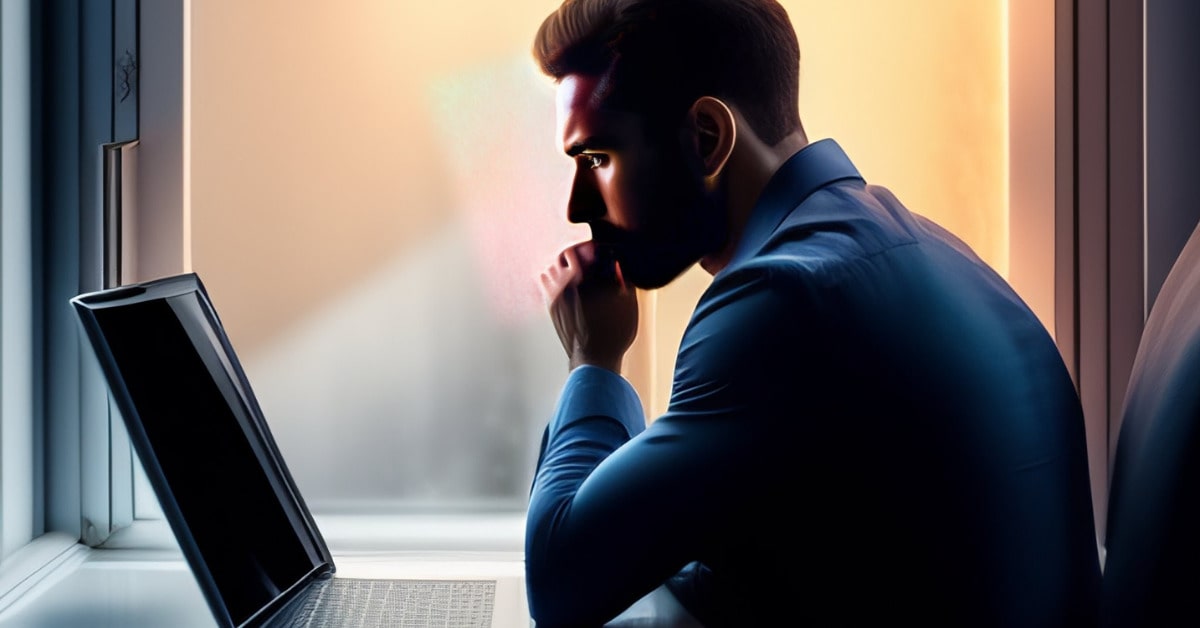 Man sitting in front of a laptop alone thinking